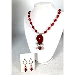 Indonesian coral+ crystals  necklace+earrings 19-24"setting Sterling SP beads